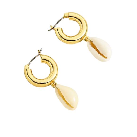 NWT J. Crew Shell Drop Gold Huggie Hoop Earrings - Picture 1 of 6